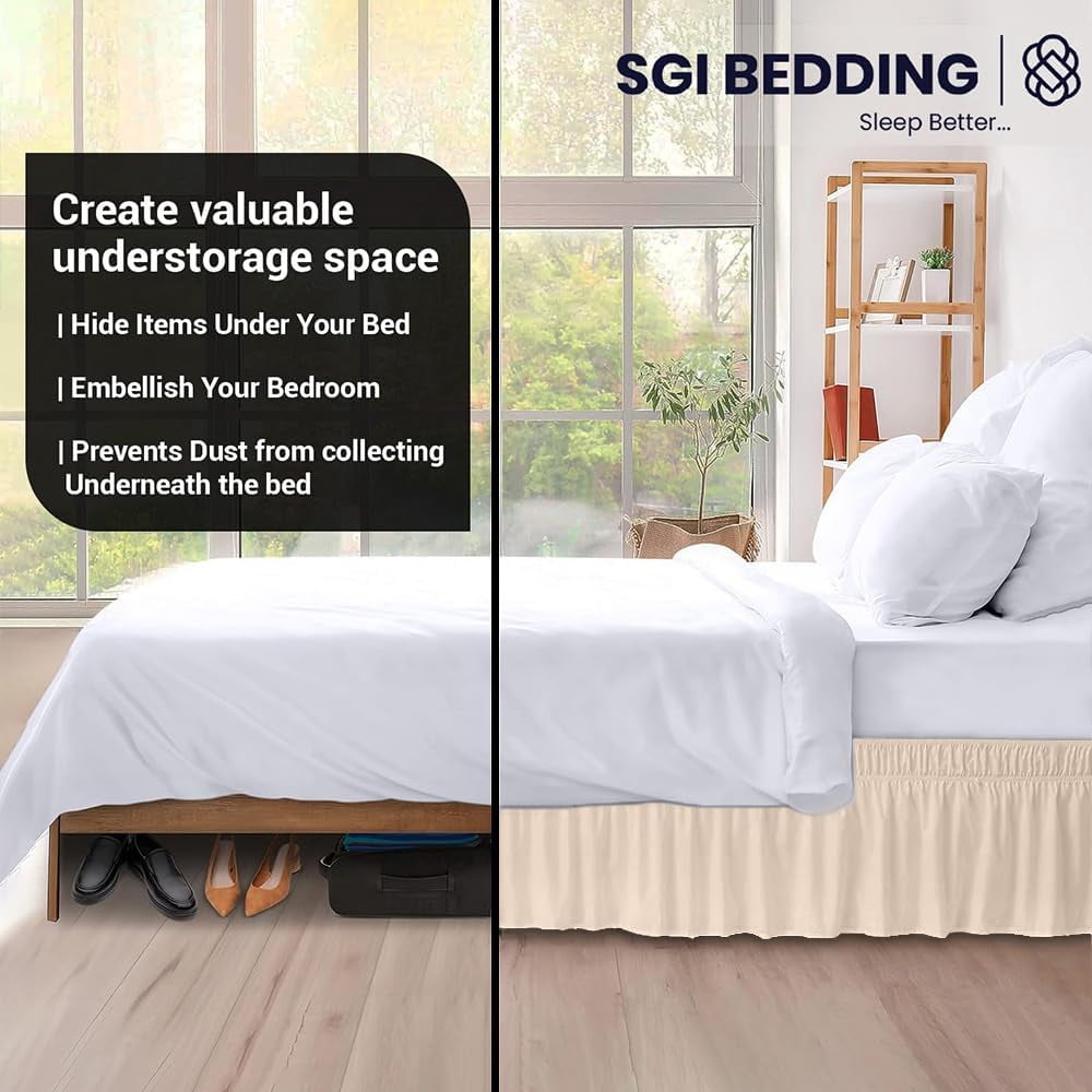 SGI bedding 10 inch Drop Wraparound Bed Skirt King Size - No Lifting Required, Adjustable Easy Fit Elastic Strap, Classic Gathered Styling Dust Ruffle, Fade Resistant -Beige