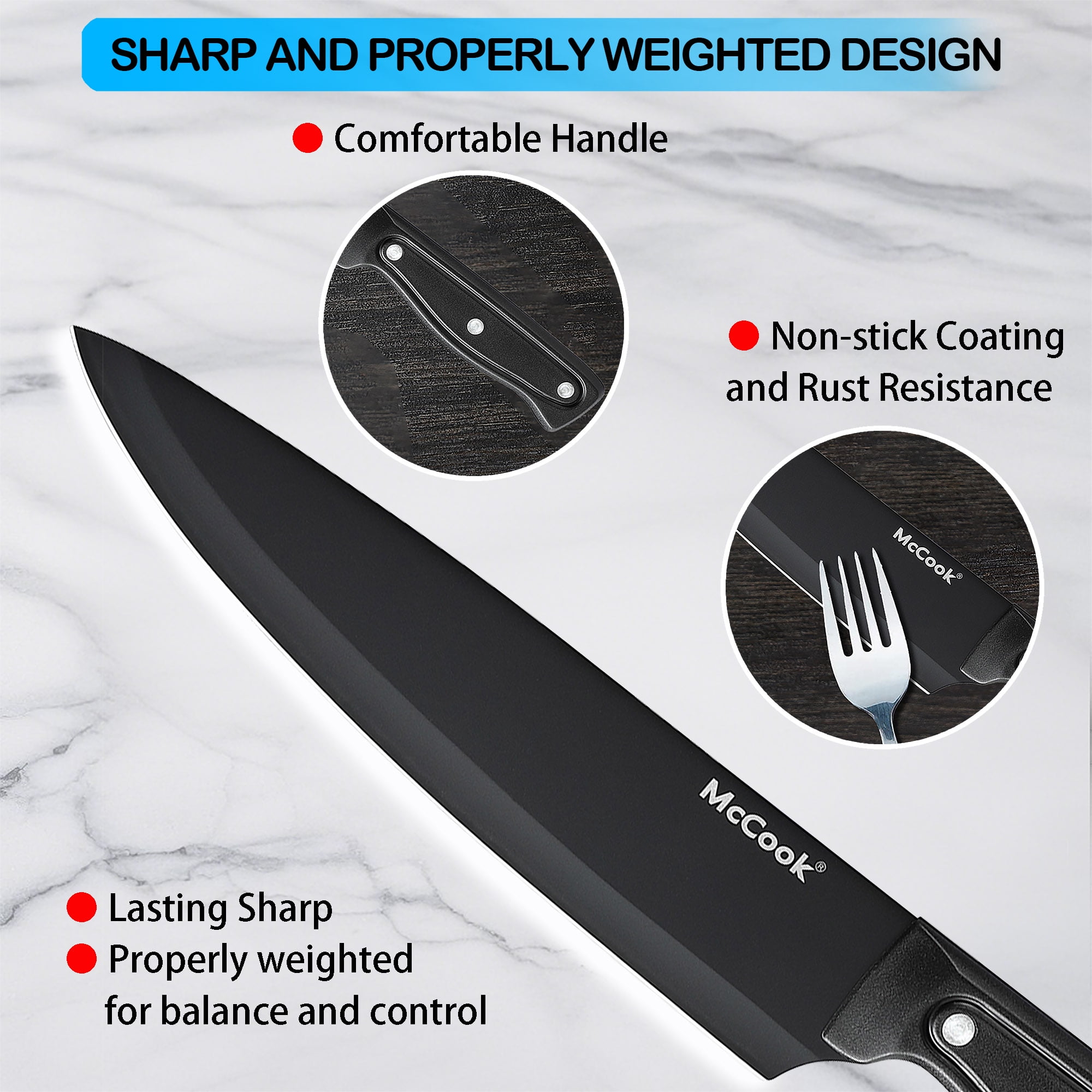 McCook DISHWASHER SAFE MC701 black Knife Sets of 26, Stainless Steel Kitchen Knives Block Set with Built-in Knife Sharpener, Measuring Cups and Spoons