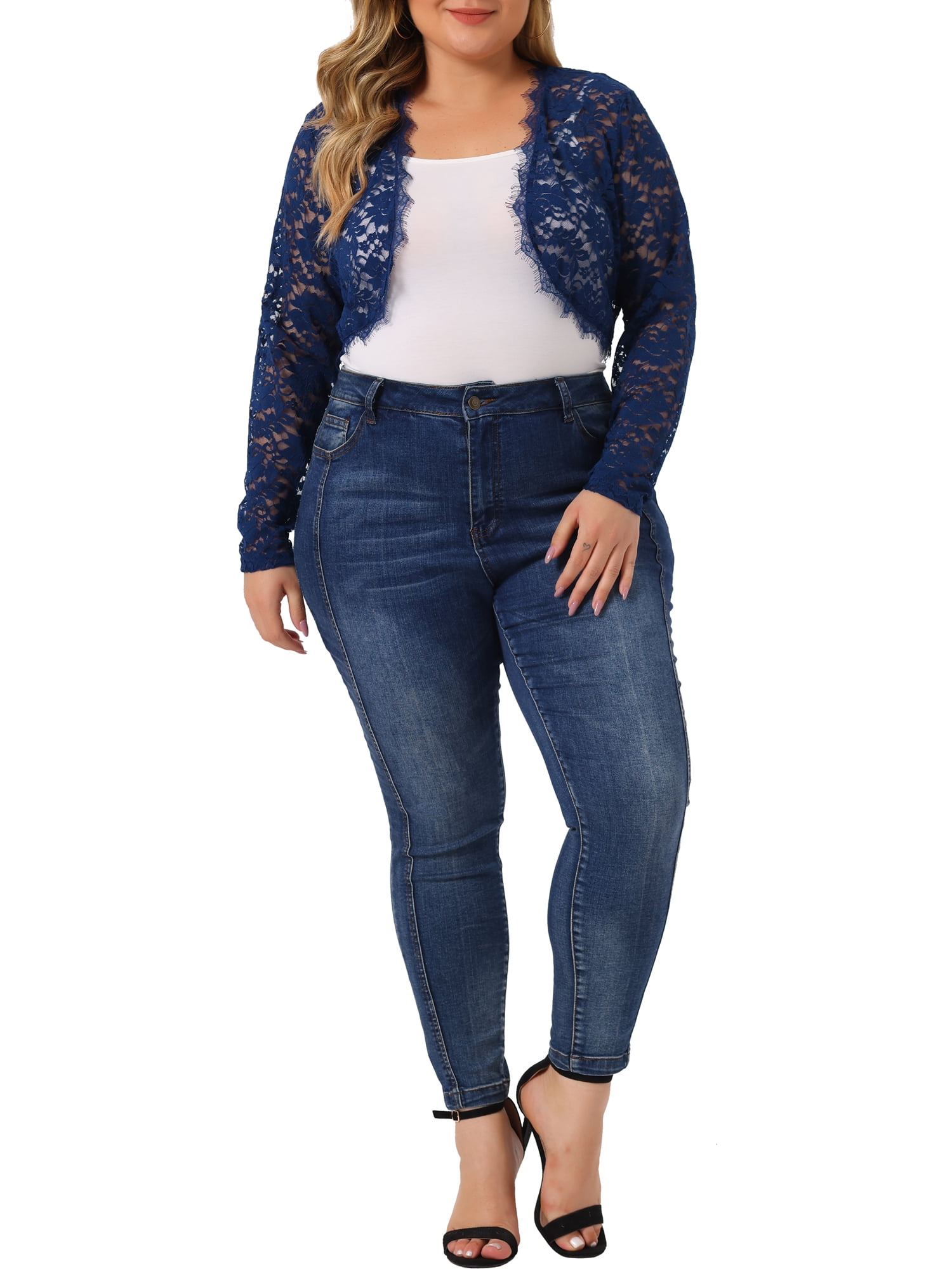 Unique Bargains Women's Plus Size Sheer Long Sleeve Open Front Cardigan Lace Shrug