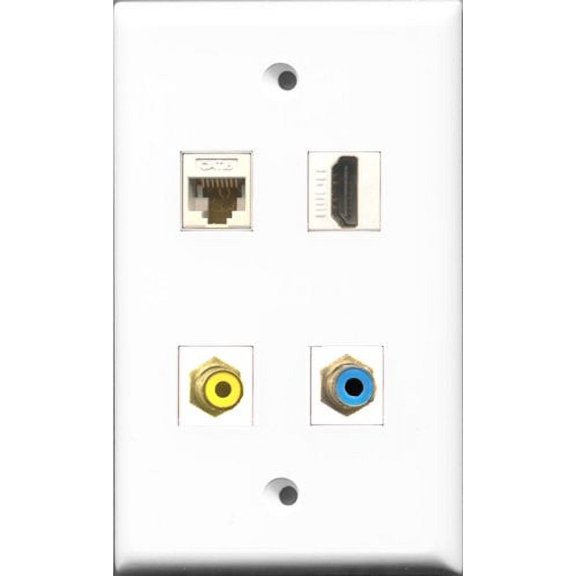 RiteAV 1 Port HDMI and 1 Port RCA Yellow and 1 Port RCA Blue and 1 Port Cat6 Ethernet White Wall Plate