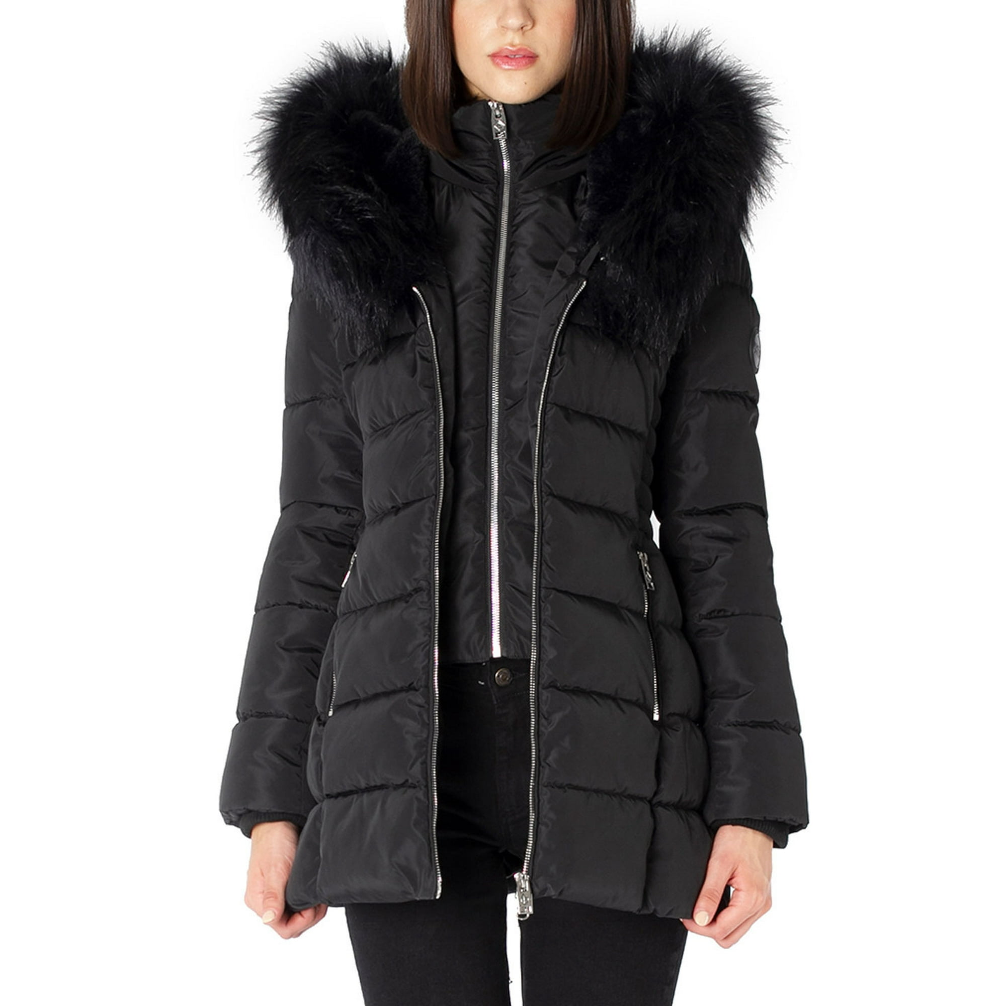 Point Zero Zip Front Jacket with Tonal Fur Hood Lining in Black