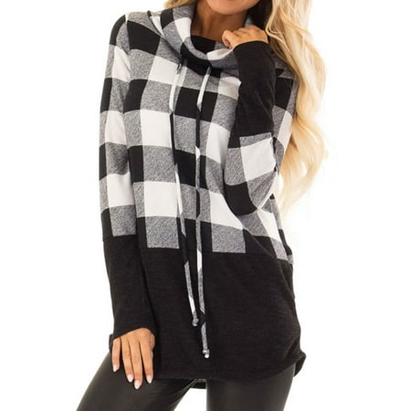 Checkered Blouse - 711ONLINESTORE Women Cowl Neck Drawstring Long Sleeves Checkered Color Block Casual Tunic Shirt