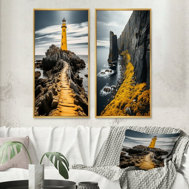 Designart "Lighthouse Photo Grey and Yellow Serenity II" Lighthouses Framed Wall Art Set Of 2 - Grey Beach Gallery Wall Frame Set For Home Decor