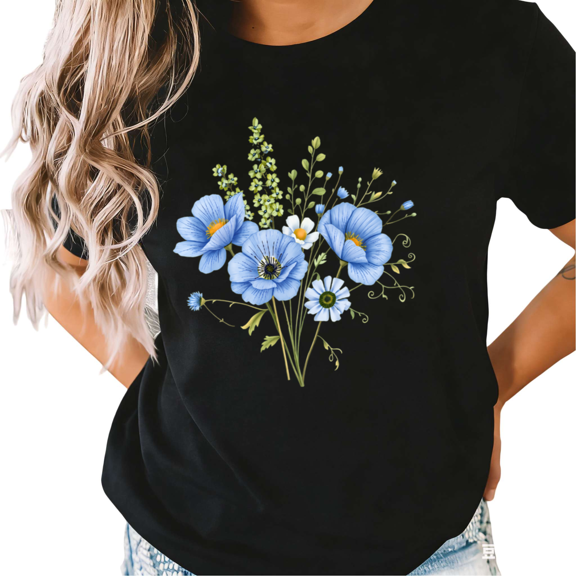 UNISHE Women Light Blue Poppy Daisy Wildflower Bouquet Watercolor Crew Neck Daily Trendy Short Sleeve Black S-5XL Tops