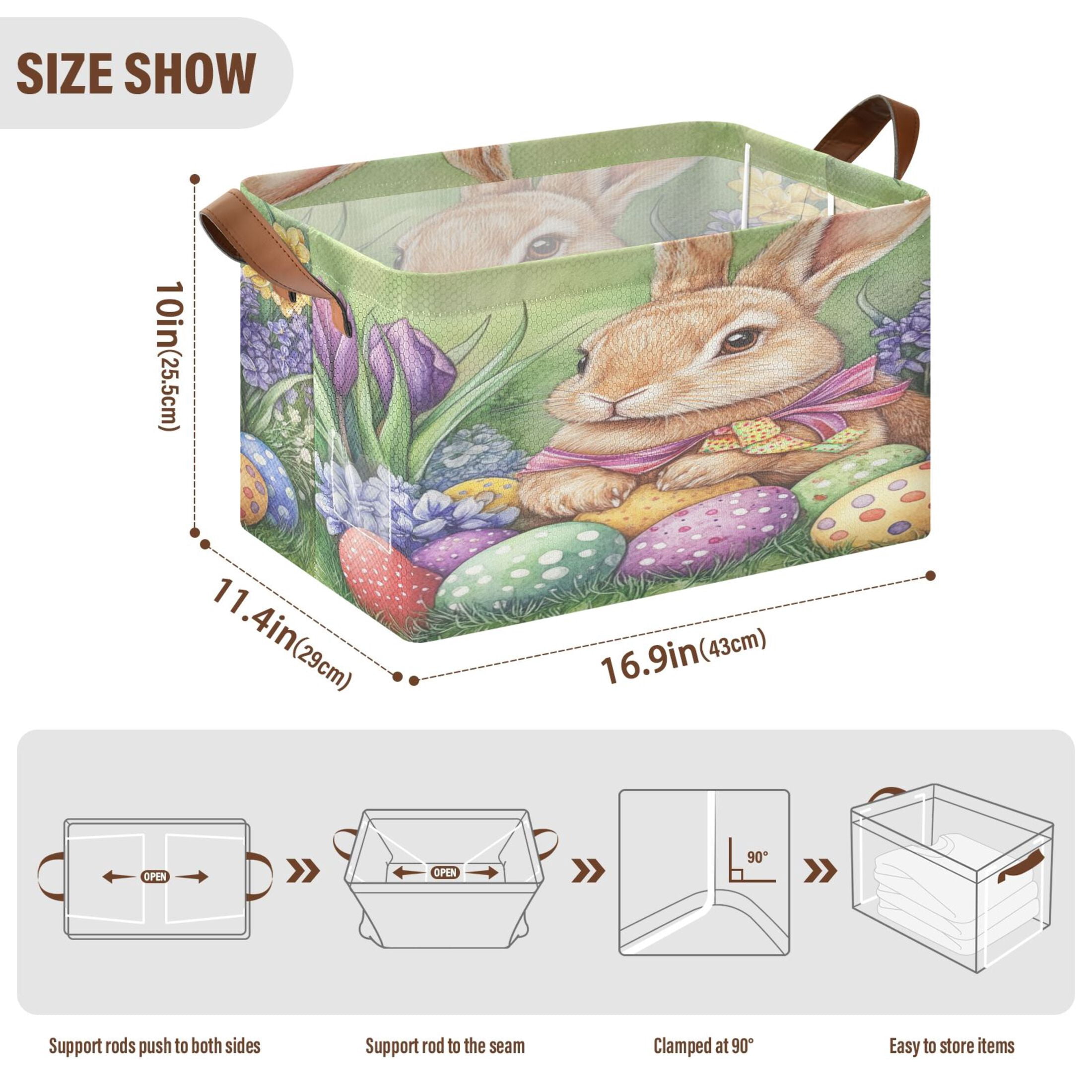 WOBOGO Easter Orange Bunny Storage Basket 16.9×11.4×10in Collapsible Oversized with Metal Iron Frame Set of 1