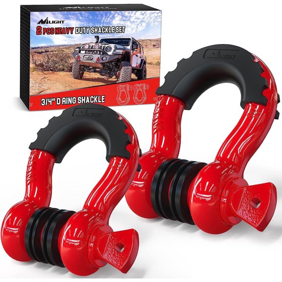 Pre-Owned Nilight 2 Pack 3/4" D-Ring Shackle 4.75 Ton (9500 Lbs) Capacity with 7/8" Pin Heavy Duty Off Road Recovery Shackle with Isolators & Washer Kit for Jeep Truck Vehicle, Red