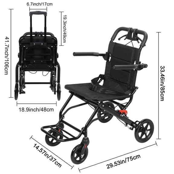 AurumEdge Transport Wheelchairs Easy Folding Lightweight, Travel Wheelchair with Support 220lbs, Hand Push Mobility Scooter with Pull Bar