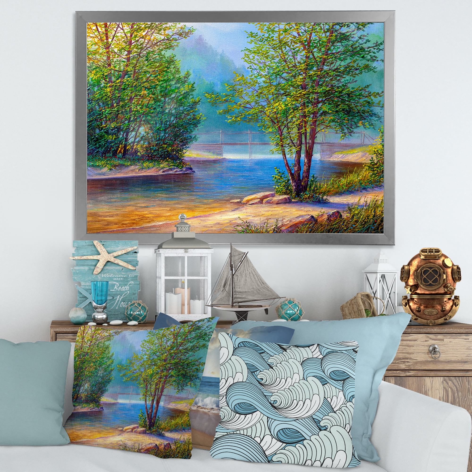 Designart 'Green Trees By The Bridge Over River' Traditional Framed Art Print