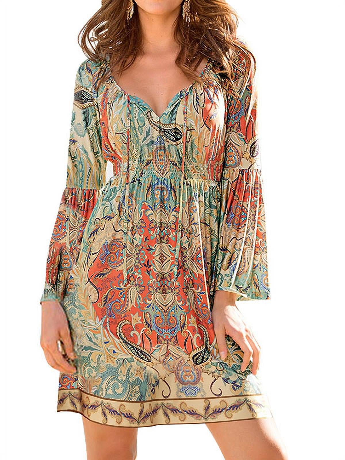 Zxzy Boho Style Women Dress Long Sleeve Beach Summer Dresses Floral Print Vintage Maxi Dress 