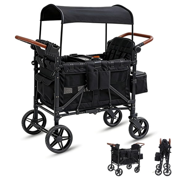 Linor Wagon Stroller for 4 Kids, Wagon Cart Featuring Snack Tray with Storage Bag and Adjustable Canopy, Foldable 4 Seater Wagon Stroller for Garden, Stroller, Camping