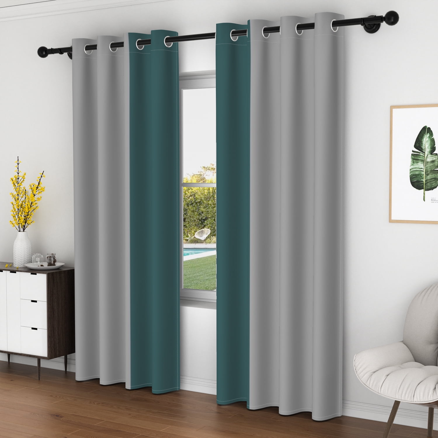 Lfeey Dark Green and Gray Blackout Curtains 63 Inches Long, Room Darkening Grommet Curtains, 2 Panels