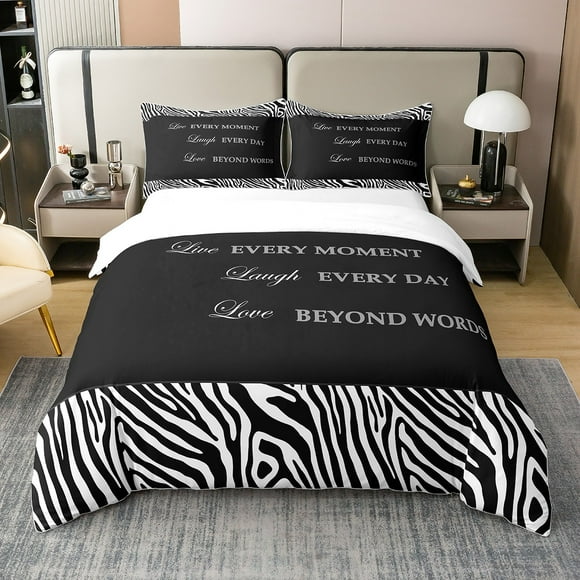Erosebridal Zebra Print 100% Cotton Comforter Cover Queen, Inspirational Words Bedding Queen Size, Black White, 3 Pieces（No Comforter）