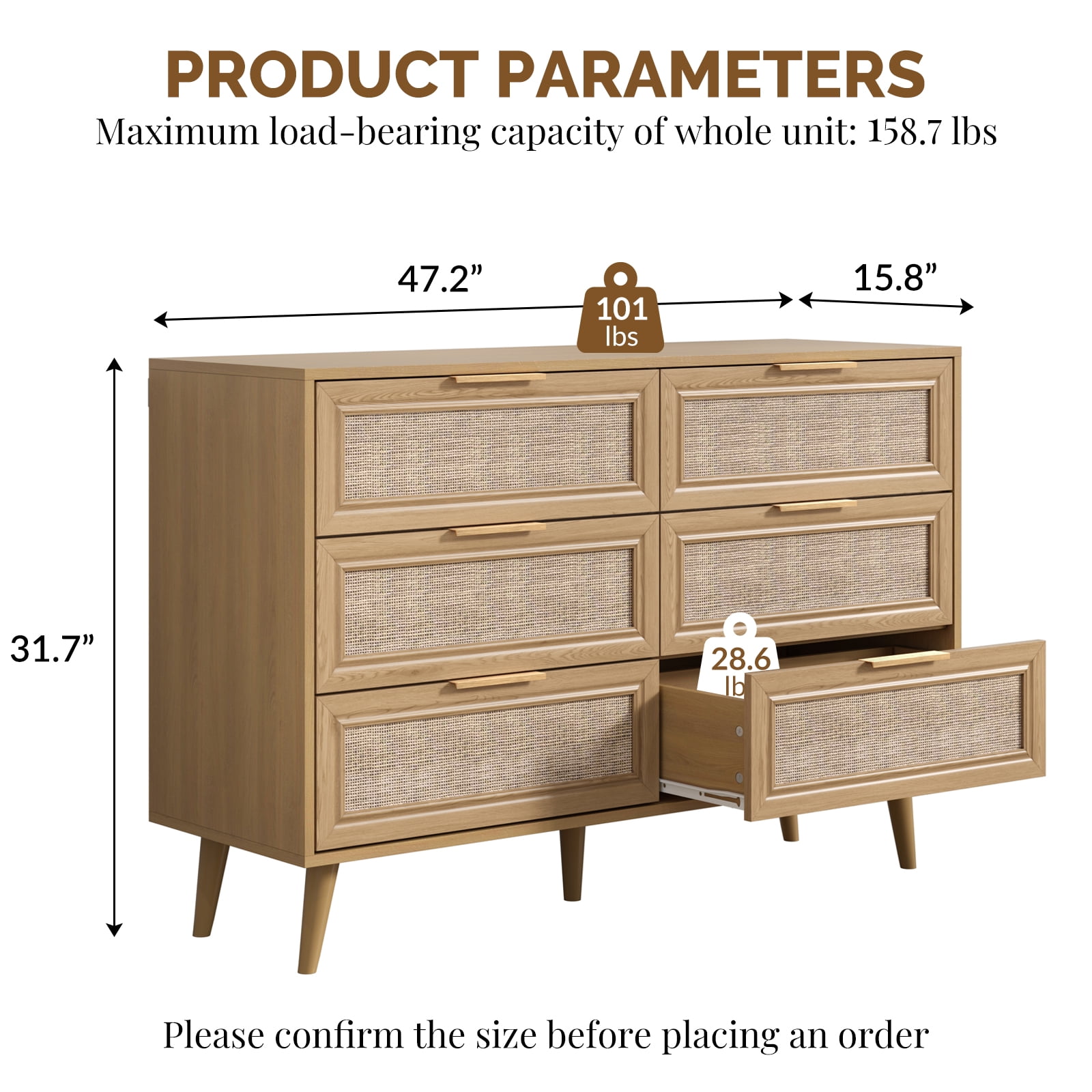 47.2"W Rattan 6 Dresser for Bedroom, Double Wooden Dressers Large Chest of Drawers with Golden Handles,Rattan Buffet Sideboard