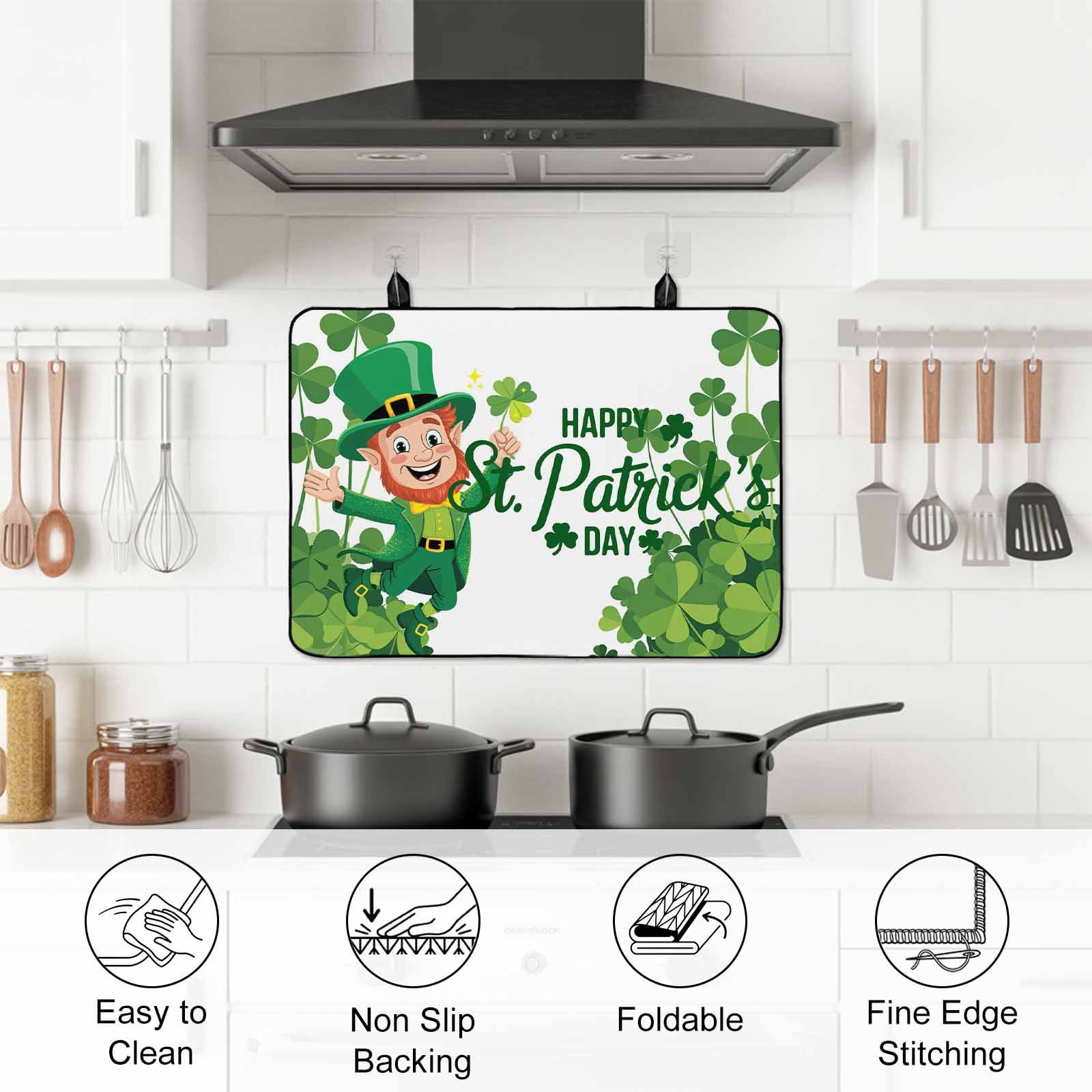 Happy St. Patrick's Day Stove Top Cover for Electric Stove, Heat-proof & Non Slip Glass Top Stove Cover Protector, Cartoon Green Elf Lucky Shamrock Kitchen Flat Cooktop Rubber Mat 24x21 Inches