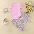 thumbnail image 3 of Kaprioy My First Easter Baby Girl Outfit Girls Clothes Rib Ruffle Short Sleeve Cartoon Rabbit Printed Romper Onesie Top Bell-Bottom Pants Headband Sets Cute Clothes, 3 of 7