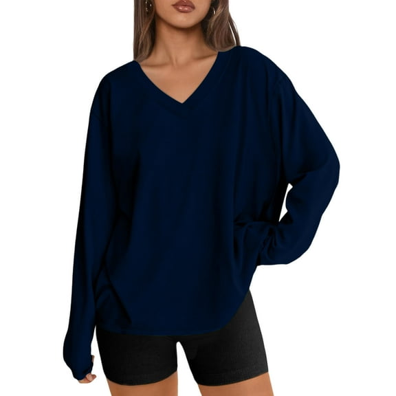 ZUKMRJPC Women's V Neck T Shirts Oversized Long Sleeve Solid Color Pullover Tees Cotton Soft Comfy Loose Fit Basic Tops