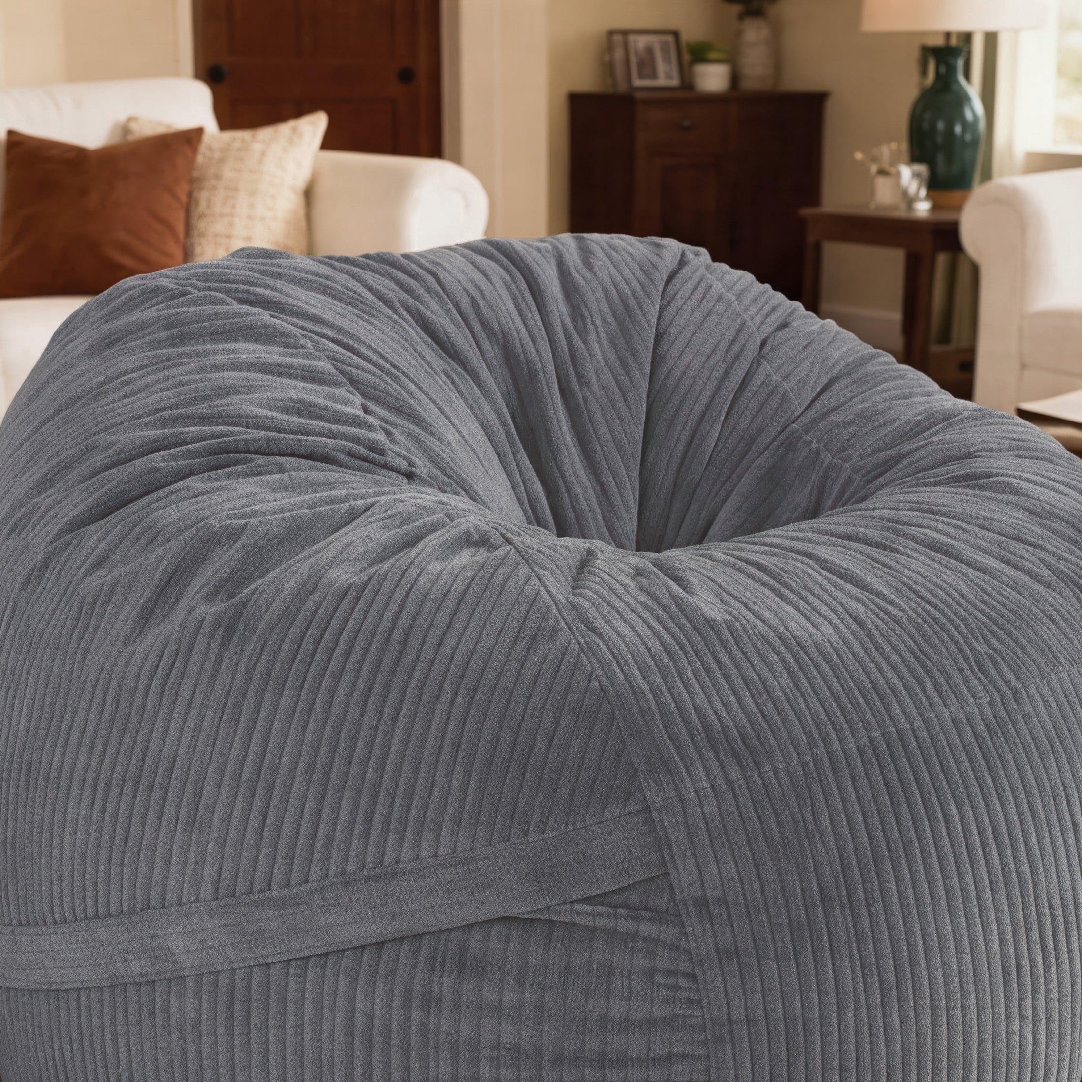 Luna 5 Foot X-Large Bean Bag Chair – Oversized Foam Lounger for Adults & Kids, Plush Corded Faux Fur, Grey