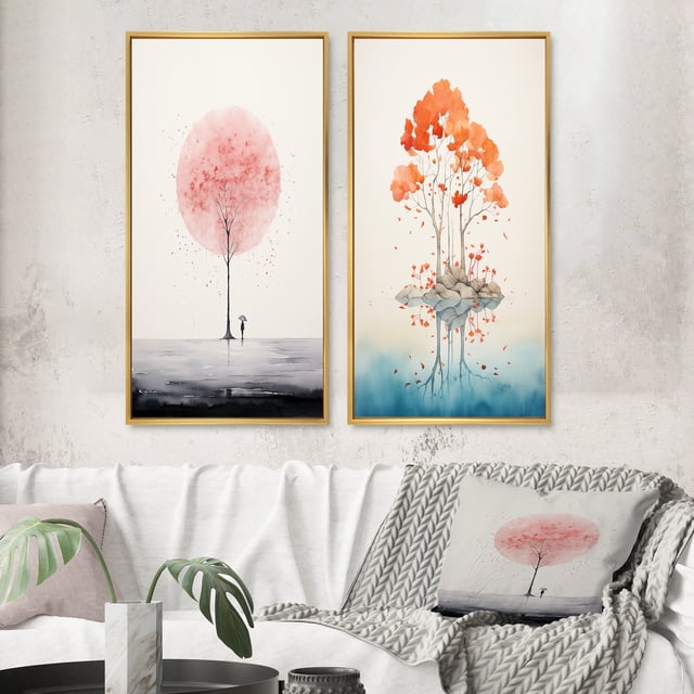 Designart "Impression of Solitude Minimal Watercolor Single Tree I" Landscape Trees Framed Wall Art Set Of 2 - Traditional Pink Framed Wall Art Set Of 2