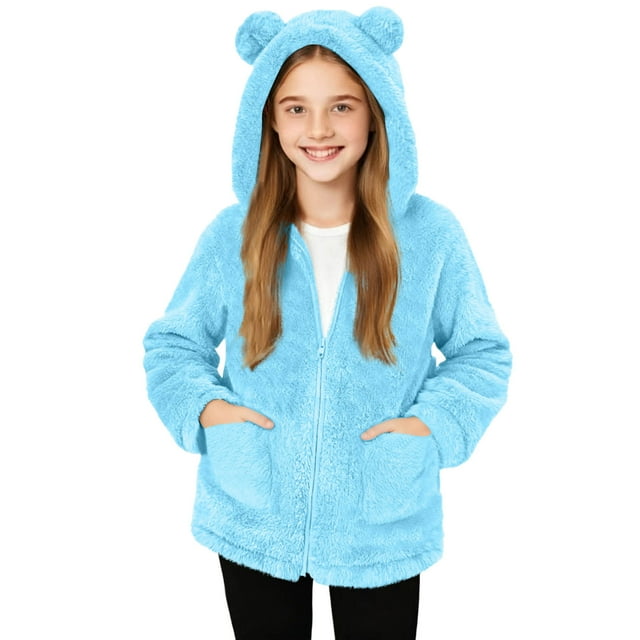 Abrigo de invierno para niños con forro polar de color liso, manga larga, capucha y cremallera, bonita blusa abrigada con bolsillo grande para niñas, top de poliéster