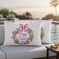 thumbnail image 5 of Happy Easter Pillow Covers 2 Pack Eggs Tulips Wreath Bow Rabbit Ears Pink Leaf Pillowcase Waterproof Outdoor Throw Pillow Cover for Patio Balcony Rectangular Cushion 20”x12”, 5 of 9