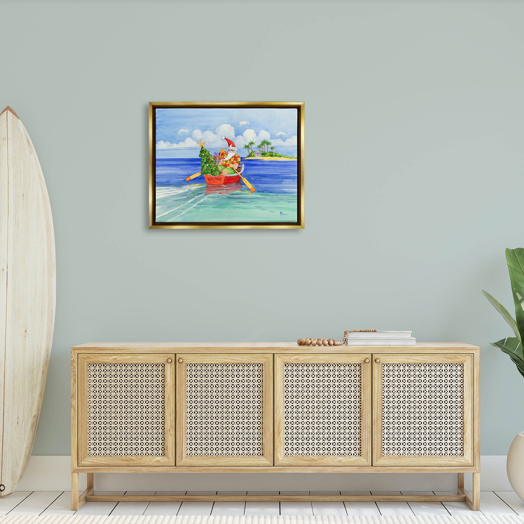 Stupell Industries Santa's Delivery Tropical Christmas Boat Painting Metallic Gold Floating Framed Canvas Print Wall Art, Design by Paul Brent