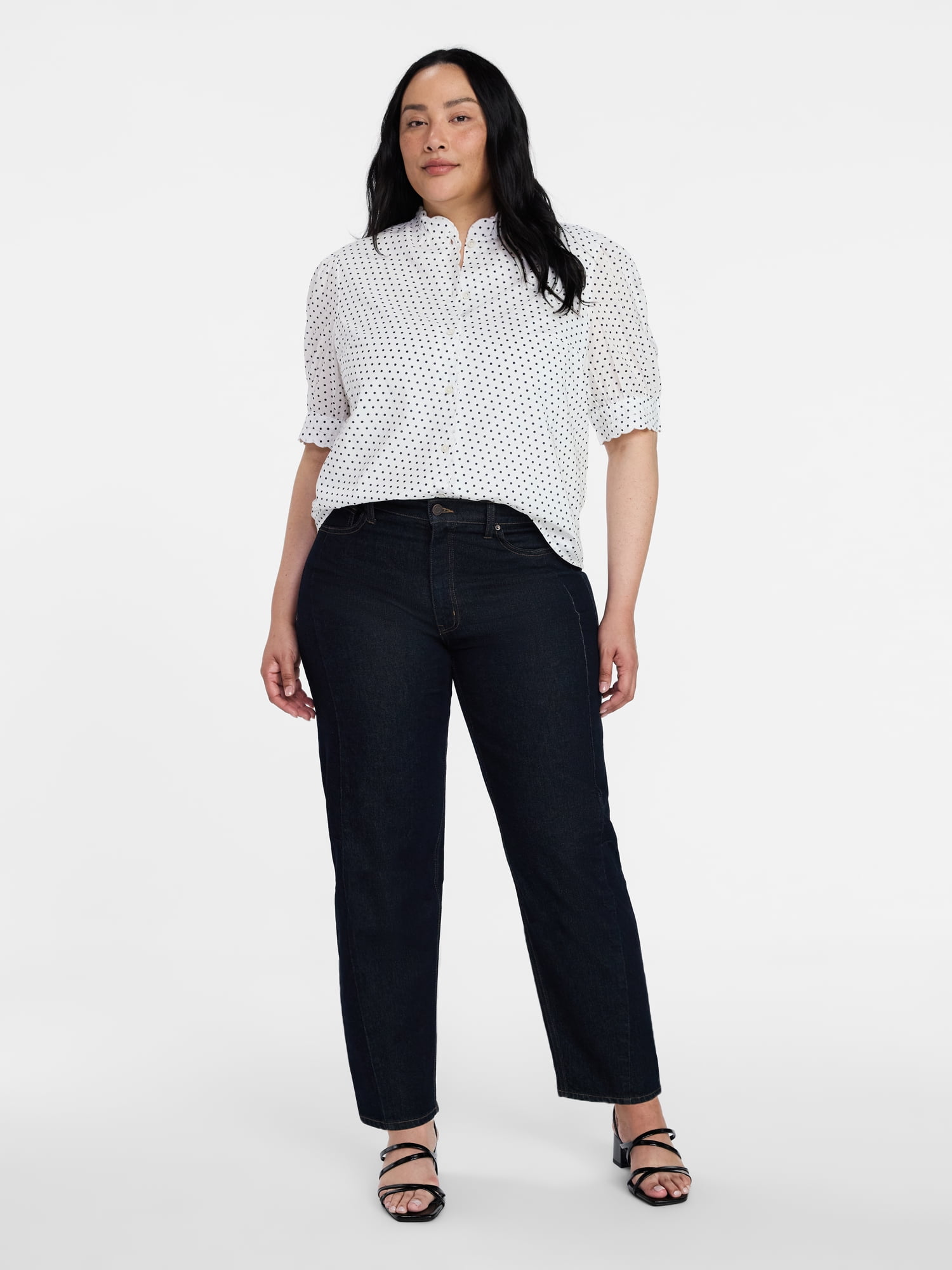 Time and Tru Women's Scallop Trim Cotton Button Down Shirt with Short Sleeves, Sizes XS – XXXL