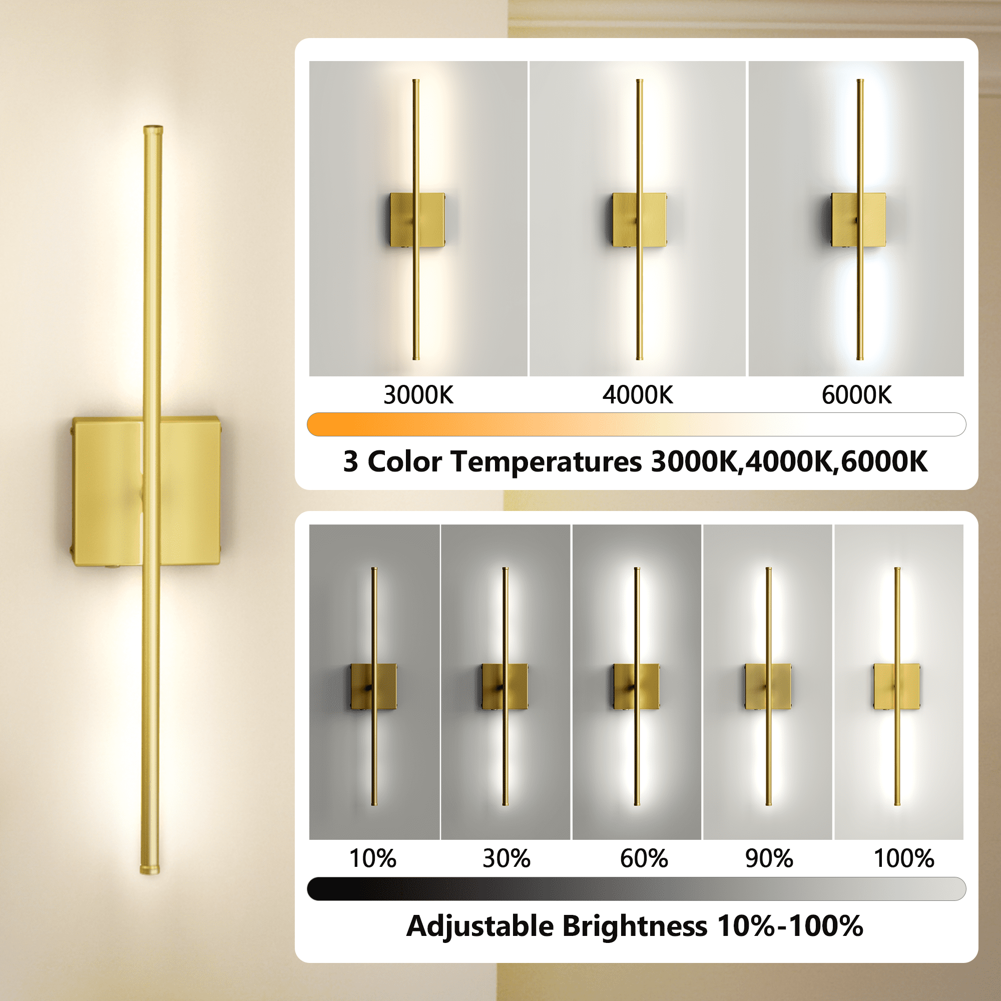 HOYOFOL Touch Light Cordless Wall Sconces, LED Rechargeable Lamp with Remote Control, Gold (2 Pack)