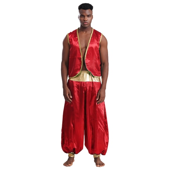 iiniim Adult Mens 2Pcs Arabian Prince Cosplay Role Play Costume Halloween Party Show Outfits Burgundy&Burgundy XXL