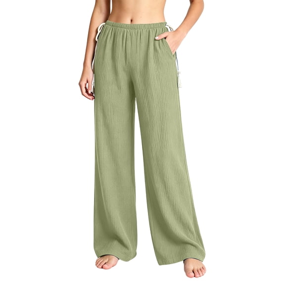 Loose Pants for Women Linen New Wide Leg Pants for Women Elastic Waist Textured Long Trousers with Tassel Drawstring Loose Fist Casual Pants with Pockets