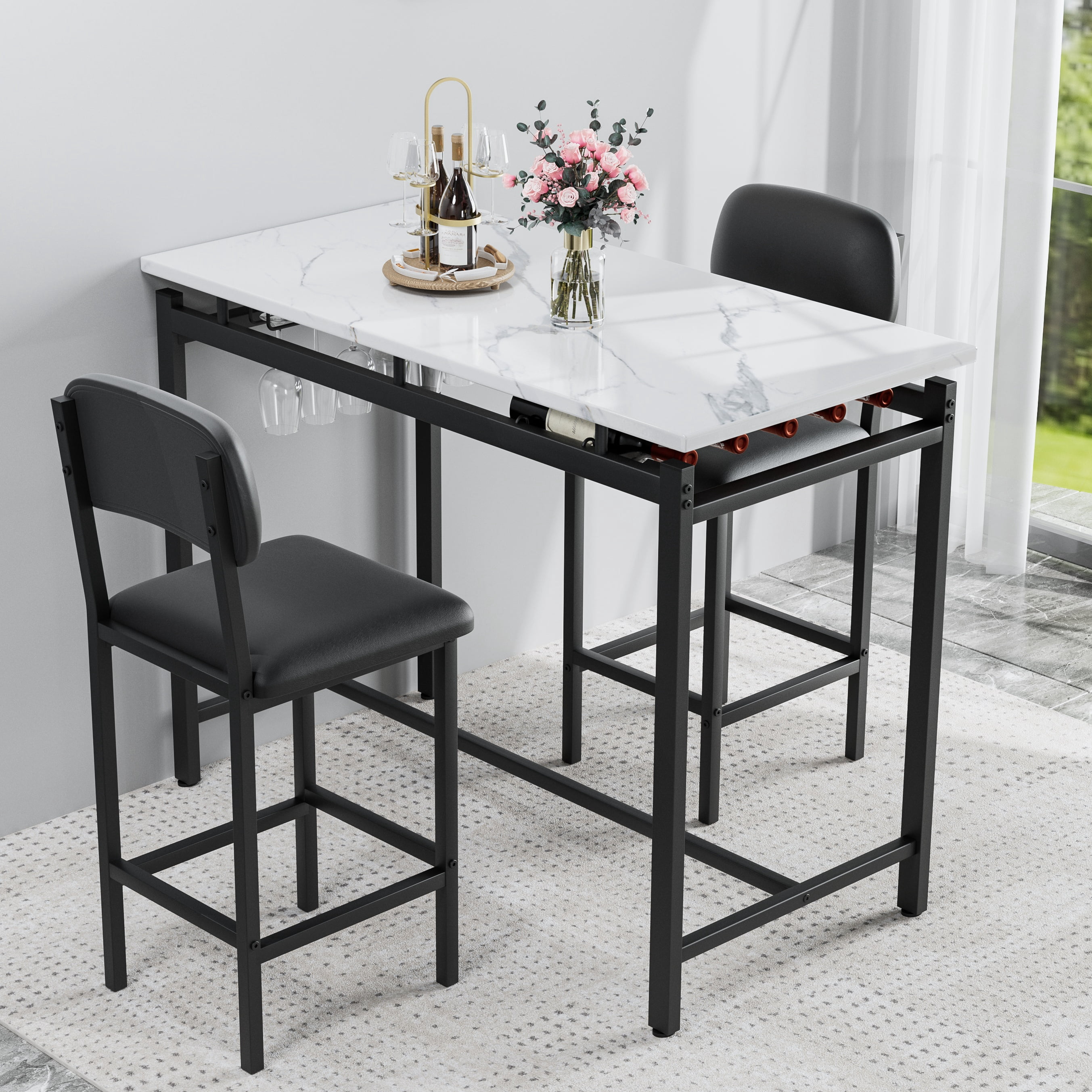 Aukfa Bar Dining Table Set&nbsp;for 2, Kitchen Table Set w/ Wine Rack &Upholstered Chairs for Small Spaces, Black