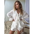 thumbnail image 6 of Women 2 Piece Outfits V Neck Ruffle Tie Front Blouse Tops Lounge Sets White M, 6 of 9