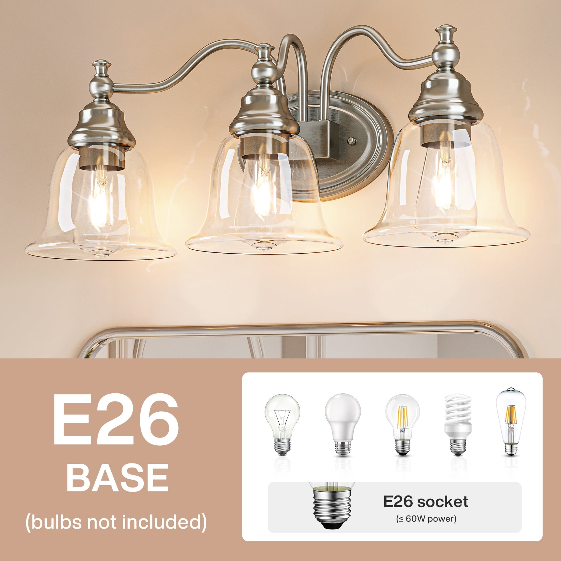 Fnova 3-Light Bathroom Light Fixtures, Modern Vanity Light with Clear Glass Shade, Bathroom Wall Lamp for Mirror Living Room Kitchen Hallway Porch, E26 Base (Bulbs Not Included)