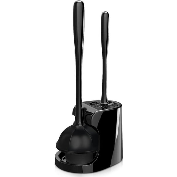 2 in 1 Toilet Brush and Plunger Set - Toilet Brush with Solid Handle, Stand and Holder for Deeply Cleaning in Bathrooms - Plastic Toilet Brush and Holder Set in Black