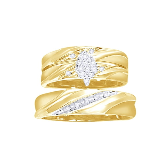 AFFY White Natural Diamond Engagement & Wedding Trio Band Ring Set In 10k Yellow Gold (0.1 Cttw)