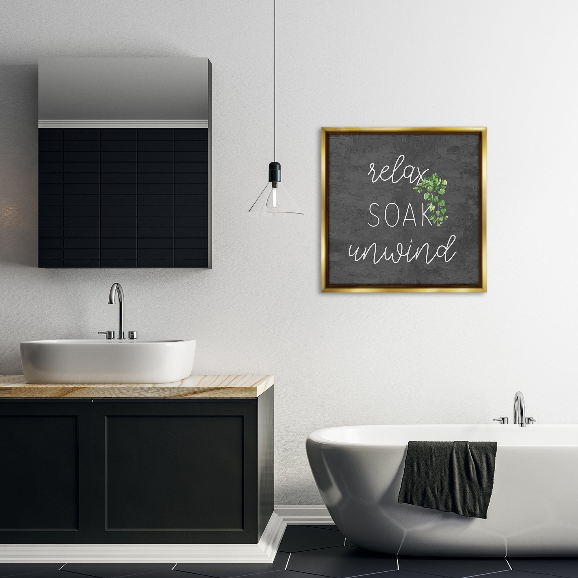 Stupell Industries Relax Unwind with Botanicals Bath & Laundry Painting Gold Floater Framed Canvas Art Print Wall Art, 25 x 25