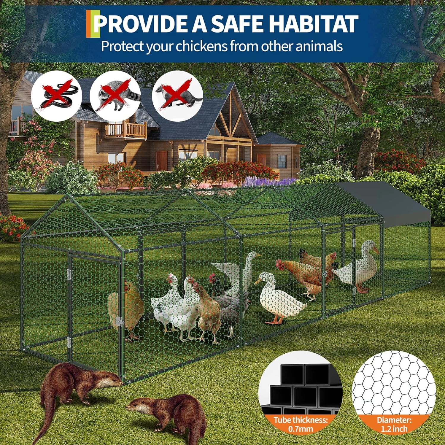 ChaoLink Large Metal Chicken Coop with Waterproof & Anti-UV Cover – 160x40x40 Inches Outdoor Hen House with 4 Doors for Yard, Rabbit, Duck & Goose