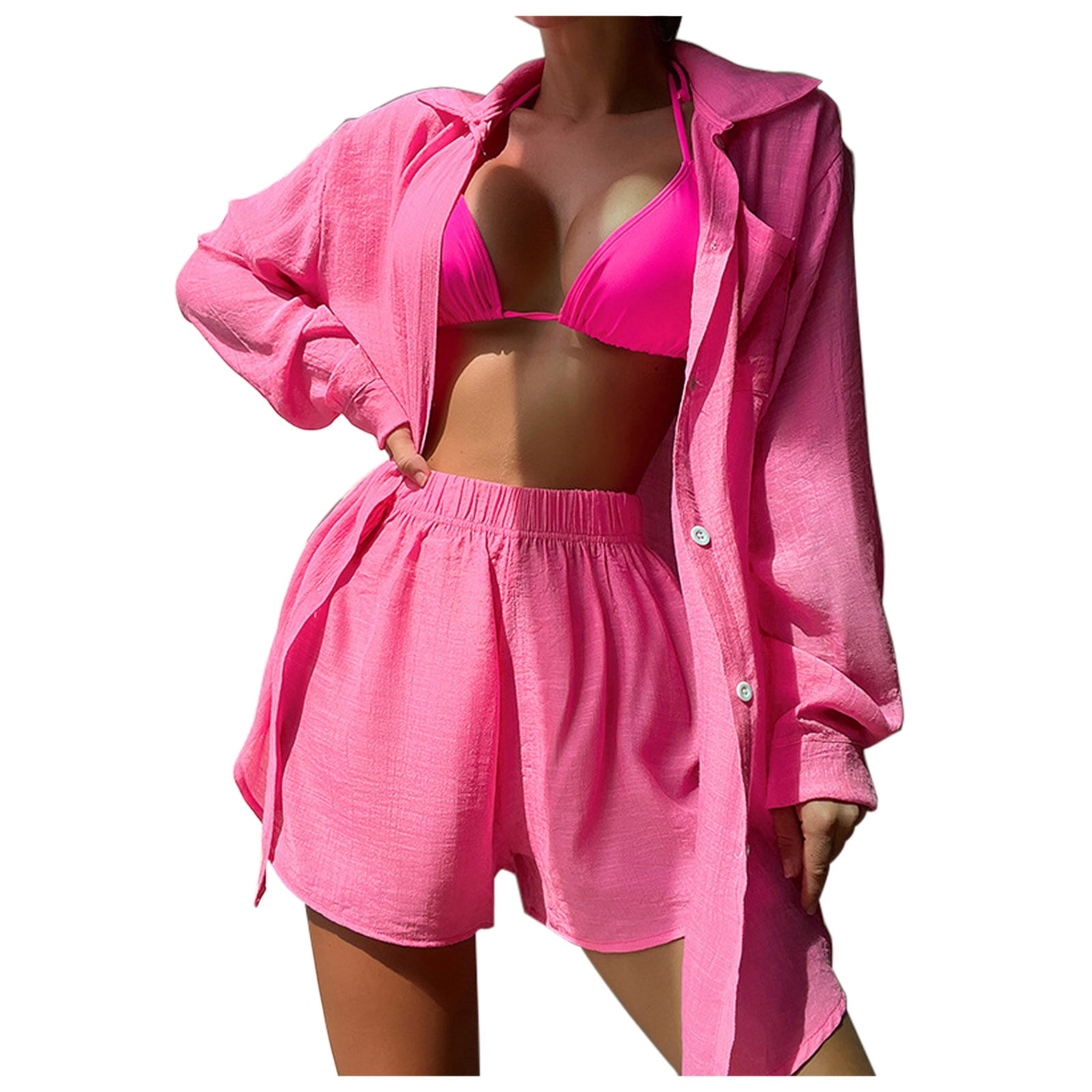 Short Sets Women 10 Piece Outfits Vacation Clearance Shein Hot Pink Womens Beach Holiday Plain Color Shirt Suit Sexy Loose Sun Suit Casual Beach Swimsuit Cover Up Two Piece Set S