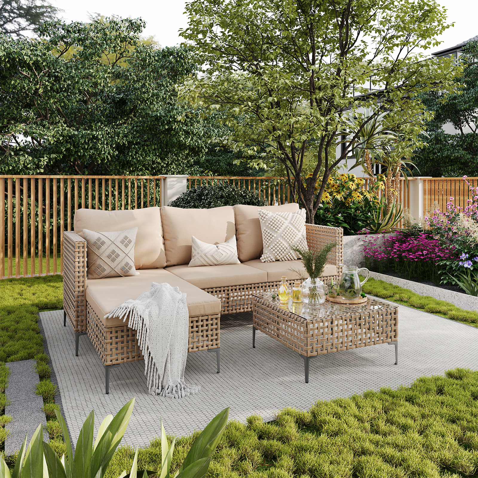 ZXRLHX 3PCS Outdoor Patio Furniture Set,Chaise Longue with Couch & Coffee Table, Outdoor Wicker Conversation Set.