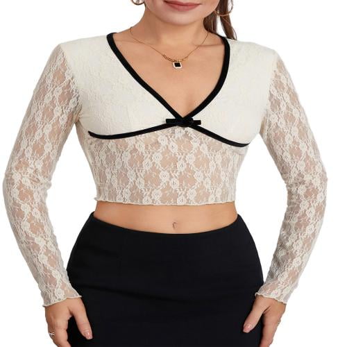 Gupgi Women Long Sleeve Lace T-Shirts V-Neck Slim Fitted Low Cut Crop Tops  