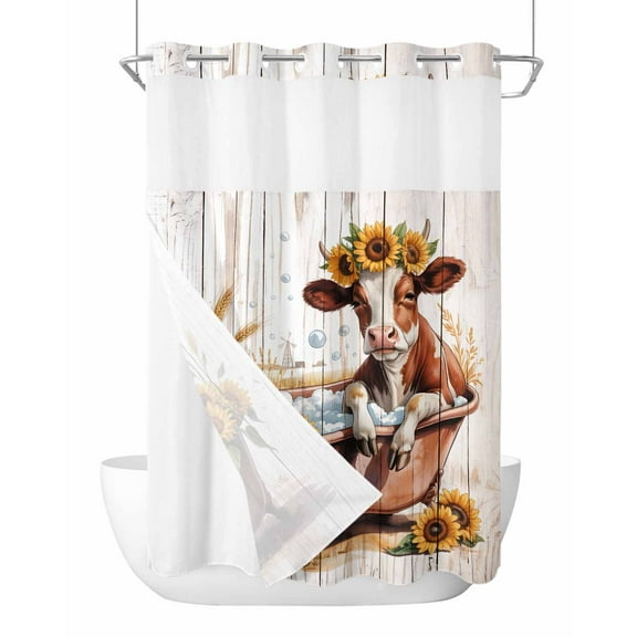 No Hook Cloth Fabric Shower Curtain with Snap in Liner, Bathtub Cow Thanksgiving Waterproof Shower Curtains Set with See Through Top Window, Fall Sunflower Wooden Vintage Bath Curtains Shower 48"x72"