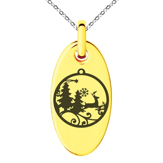 Rose Gold Stainless Steel Festive Christmas Ornament Engraved Small Oval Charm Pendant Necklace