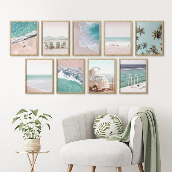 PixonSign Framed Canvas Print Wall Art Set - Tropical Blue Ocean Beach Waves Posters - Set of 9 Boho Nature Seaside Rustic Photography Wall Décor for Living Room, Bedroom, Office - 12"x16" Natural