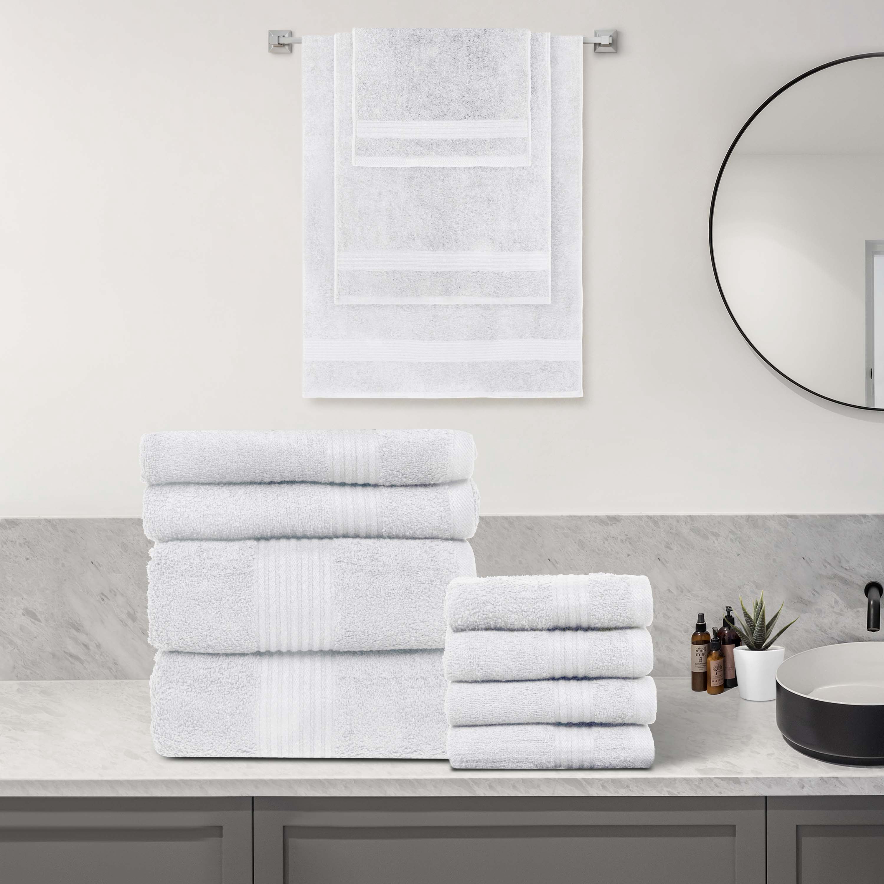 Dewall Maisons Elegant White 8-Piece Towel Set - Plush ComFort & Superior Absorbency - 100% Cotton - 2 Bath Towels, 2 Hand Towels, 4 Washcloths - Luxurious Bathroom Essentials