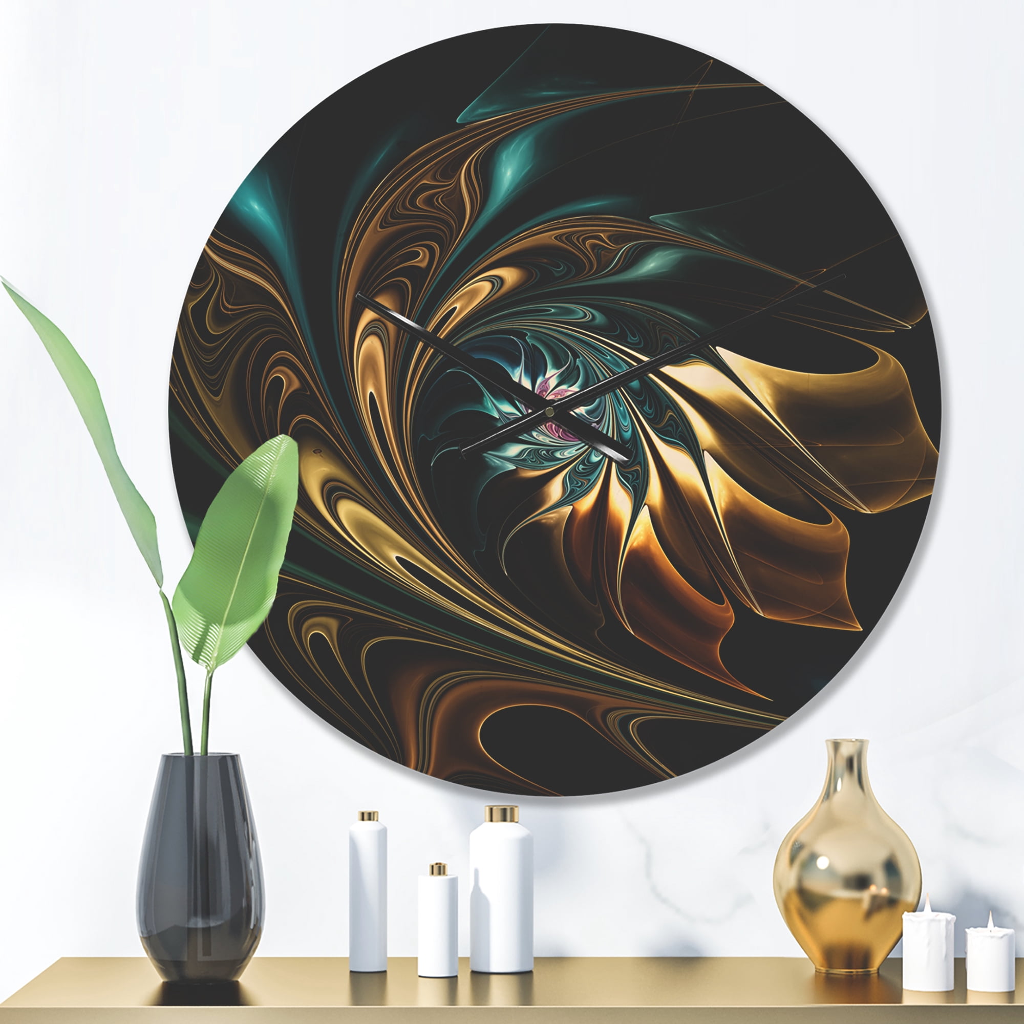 Designart 'Blue Brown Fractal Flower in Black' Modern Wood Wall Clock