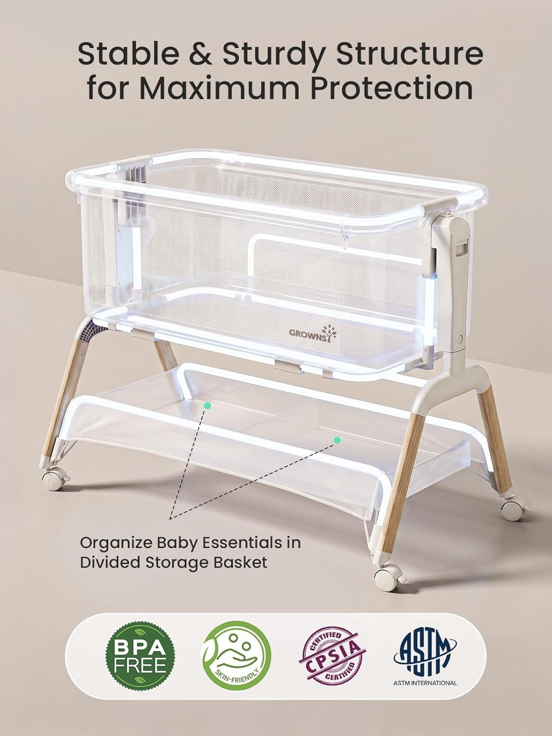 GROWNSY Baby Bassinet Bedside Sleeper with Gentle Rocking Mode, 6 Adjustable Heights, Full Breathable Mesh, Convertible to Portable Crib, Bassinets with Mattress & Wheels, Beige