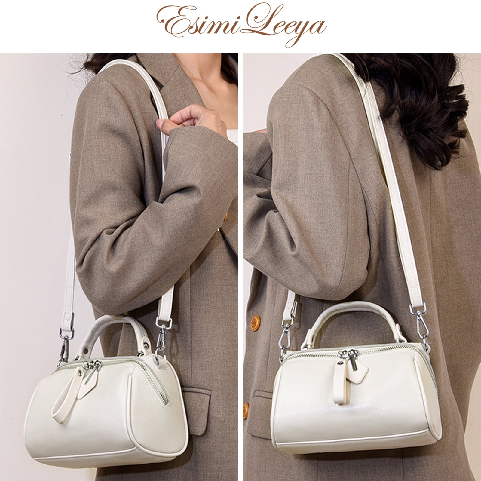 PORT&LOTUS Small Boston Bag Genuine Leather Crossbody Bag  Handbag for Women with Hand Strap and Adjustable Shoulder Strap.