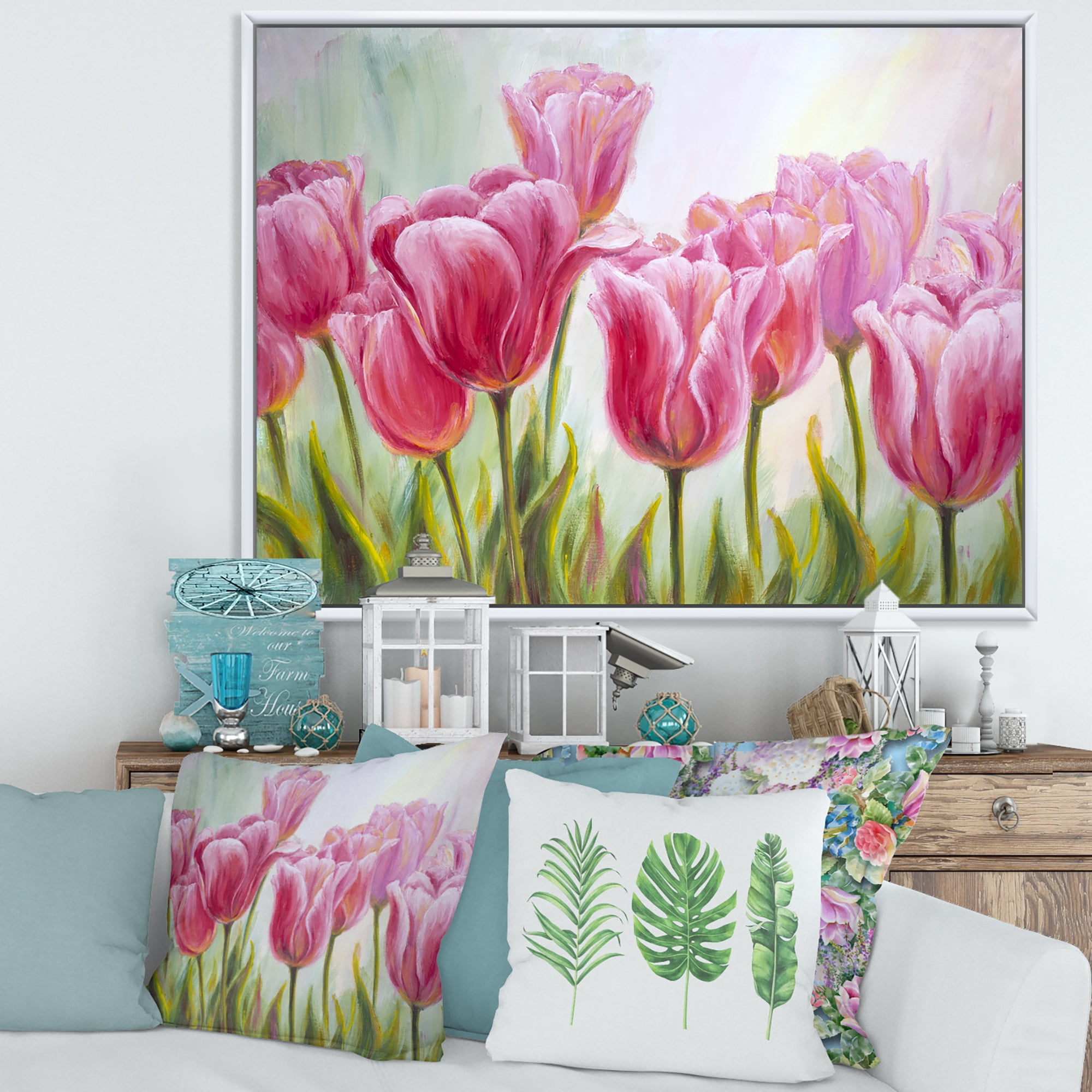 Designart 'Blossoming Red and Pink Tulips Flowers ' Traditional Framed Canvas Wall Art Print