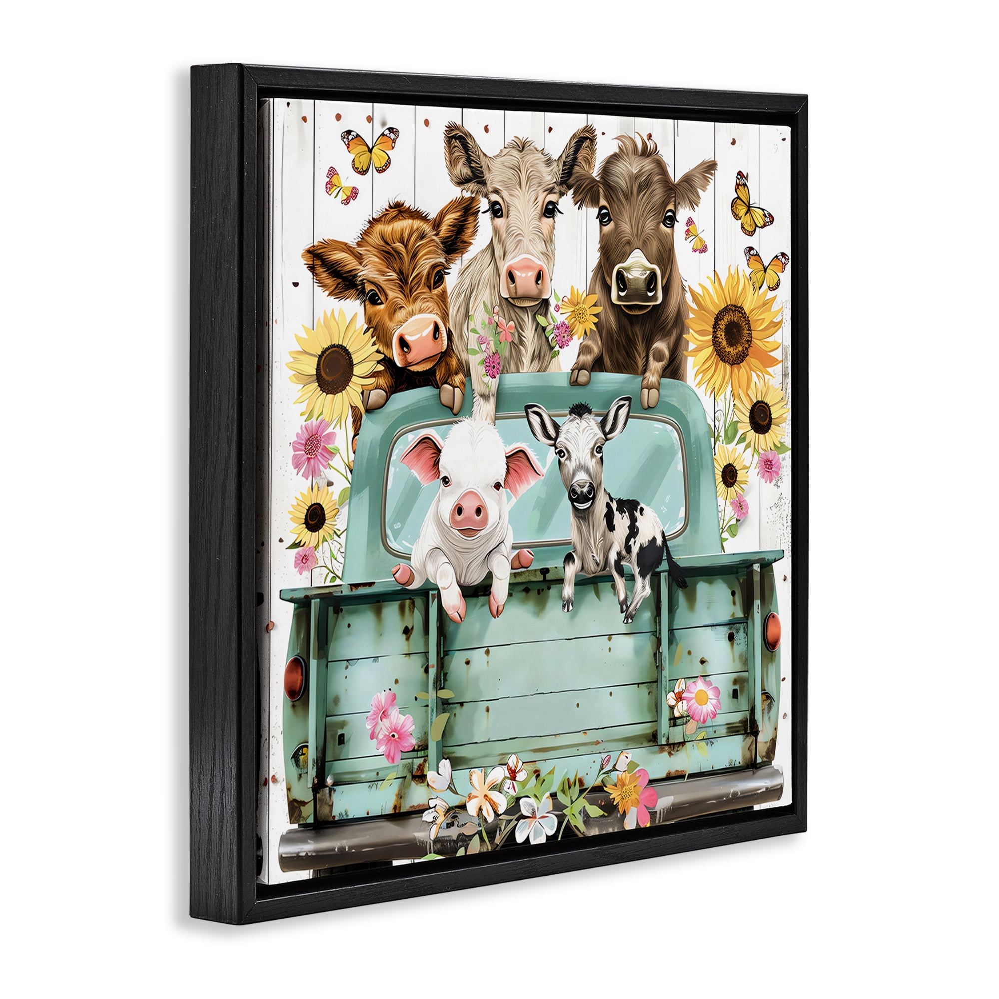 Stupell Industries Barnyard Friends in Vintage Truck Black Framed Floater Canvas Wall Art, design by Creative Studio