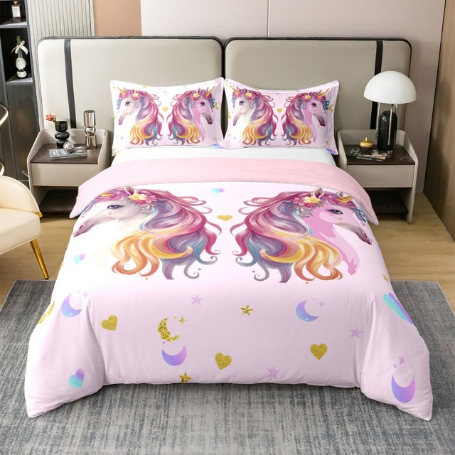Erosebridal Housse de Couette en Coton 100 % Licorne de Rêve, Imprimé Lune Étoile, Taille Complète, Décor Animal Kawaii, Réversible (Sans Couette)