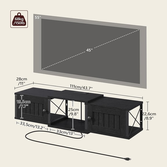 Farmhouse Floating TV Stand with Power Outlet, Wall Mounted Entertainment Center with Doors, Floating Media Console Cabinet with Storage, for Living Room, Bedroom, Black TVBK401E01